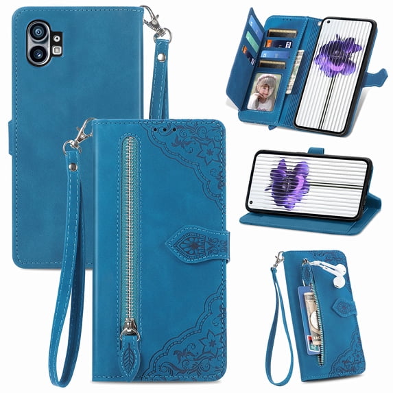 Feishell Case for Nothing Phone 1, Embossed Card Slots Retro Leather Wallet Shockproof Flip Cover with Hand Strap Card Slots Zipper Pocket Kickstand Handbag Magnetic Closure, Blue
