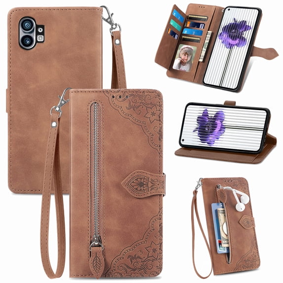 Feishell Case for Nothing Phone 1, Embossed Card Slots Retro Leather Wallet Shockproof Flip Cover with Hand Strap Card Slots Zipper Pocket Kickstand Handbag Magnetic Closure, Brown