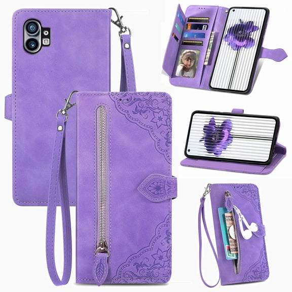 Feishell Case for Nothing Phone 1, Embossed Card Slots Retro Leather Wallet Shockproof Flip Cover with Hand Strap Card Slots Zipper Pocket Kickstand Handbag Magnetic Closure, Purple
