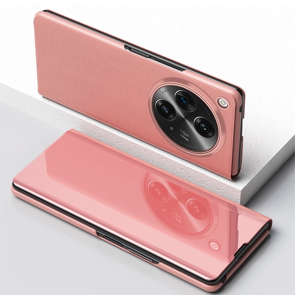 Feishell Case for OnePlus Open (7.82 inch) Stylish Smart View Window Mirror Case Plating PC Folio Flip Stand Phone Cover PU Leather Anti-Scratch Ultra Slim Protective Case,Rosegold