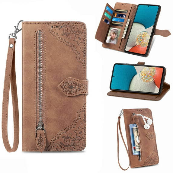 Feishell Case For Samsung Galaxy A04E, Embossed Card Slots Retro Leather Wallet Shockproof Flip Cover with Hand Strap Card Slots Zipper Pocket Kickstand Handbag Magnetic Closure, Brown