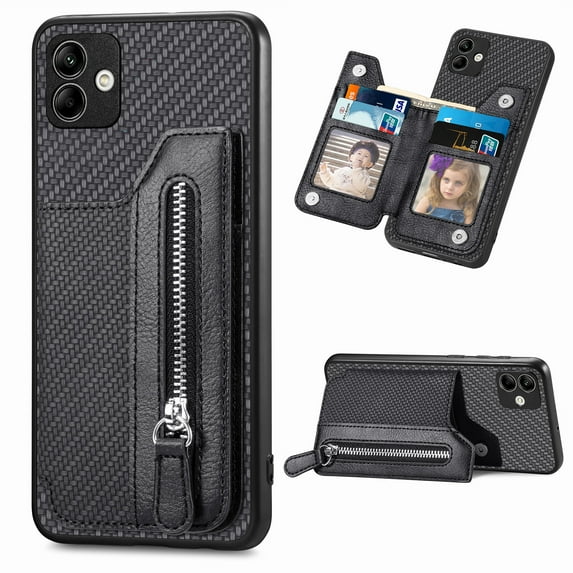 Feishell Case for Samsung Galaxy A05,Fiber Grain PU Leather Back Wallet Case with Credit Card Slots & Zipper Pocket Shockproof Magnetic Buckle Flip Kickstand Phone Case,Black