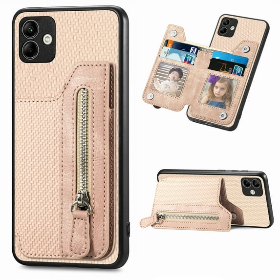 Feishell Case for Samsung Galaxy A05,Fiber Grain PU Leather Back Wallet Case with Credit Card Slots & Zipper Pocket Shockproof Magnetic Buckle Flip Kickstand Phone Case,Khaki