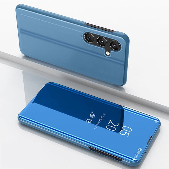 Feishell Case for Samsung Galaxy A06 Stylish Smart Clear View Window Mirror Case Plating PC Folio Flip Kickstand Phone Cover PU Leather Anti-Scratch Ultra Slim Protective Case,Skyblue