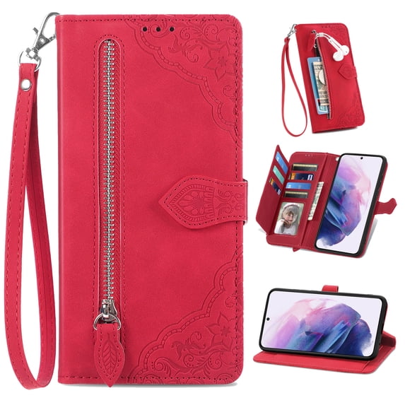 Feishell Case for Samsung Galaxy A12 5G, Embossed Card Slots Retro Leather Wallet Shockproof Flip Cover with Hand Strap Card Slots Zipper Pocket Kickstand Handbag Magnetic Closure, Red