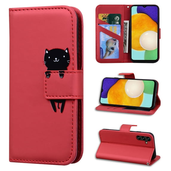 Feishell Case for Samsung Galaxy A14 5G (6.6 inch),Cartoon Animal Magnetic Buckle Folio Credit Card Slots Shockproof PU Leather Flip Kickstand Anti-Scratch Wallet Phone Case,Red