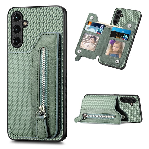 Feishell Case for Samsung Galaxy A14 5G 6.6 inch,Fiber Grain PU Leather Back Wallet Case with Credit Card Slots & Zipper Pocket Shockproof Magnetic Buckle Flip Kickstand Phone Case,Green