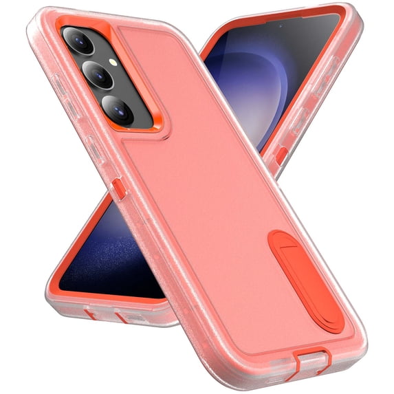 Feishell Case for Samsung Galaxy A16 5G,Heavy Duty 3 Layer Military Protection with Hidden Kickstand Shock Resistant Armor Hybrid Bumper Rugged Rubber Phone Cover,Clear+Orange