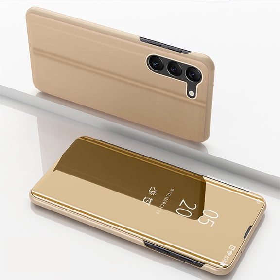Feishell Case for Samsung Galaxy A25 5G Stylish Smart View Window Mirror Case Plating PC Folio Flip Stand Phone Cover PU Leather Anti-Scratch Ultra Slim Protective Case,Gold