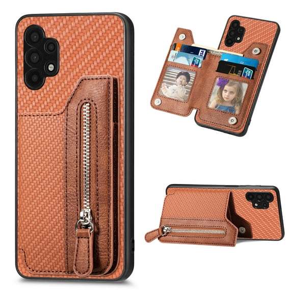 Feishell Case for Samsung Galaxy A32 5G 6.5 inch,Fiber Grain PU Leather Back Wallet Case with Credit Card Slots & Zipper Pocket Shockproof Magnetic Buckle Flip Kickstand Phone Case,Brown
