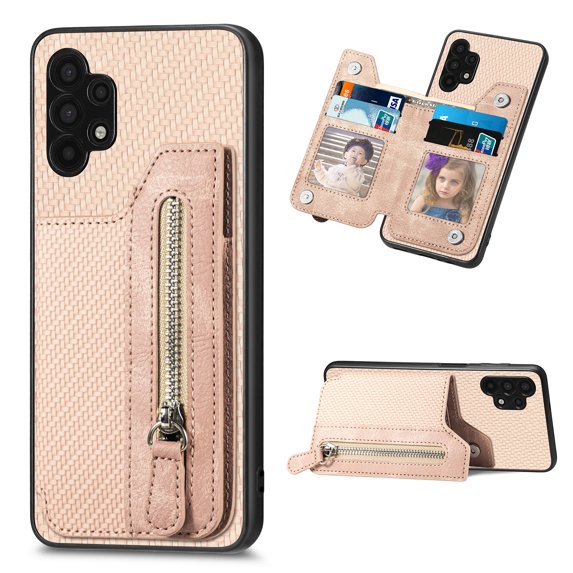 Feishell Case for Samsung Galaxy A32 5G 6.5 inch,Fiber Grain PU Leather Back Wallet Case with Credit Card Slots & Zipper Pocket Shockproof Magnetic Buckle Flip Kickstand Phone Case,Khaki