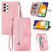 Feishell Case for Samsung Galaxy A32 5G, Embossed Card Slots Retro Leather Wallet Shockproof Flip Cover with Hand Strap Card Slots Zipper Pocket Kickstand Handbag Magnetic Closure, Pink