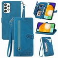 thumbnail image 1 of Feishell Case for Samsung Galaxy A32 5G, Embossed Card Slots Retro Leather Wallet Shockproof Flip Cover with Hand Strap Card Slots Zipper Pocket Kickstand Handbag Magnetic Closure, Blue, 1 of 7