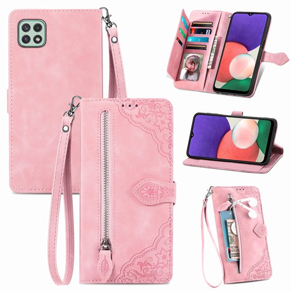 Feishell Case for Samsung Galaxy A42 5G, Embossed Card Slots Retro Leather Wallet Shockproof Flip Cover with Hand Strap Card Slots Zipper Pocket Kickstand Handbag Magnetic Closure, Pink