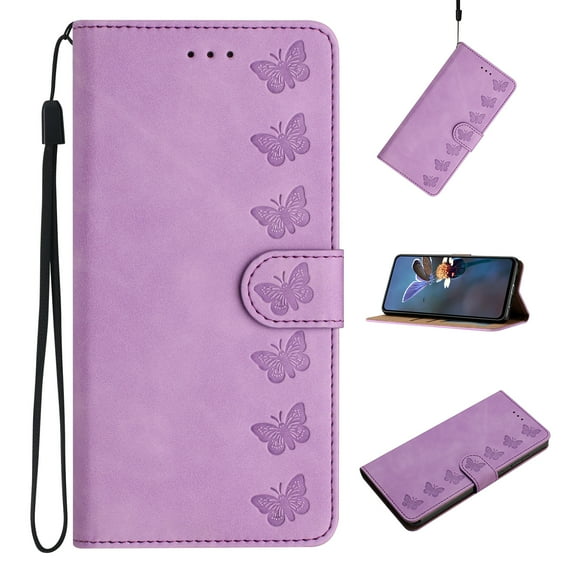 Feishell Case for Samsung Galaxy A42 5G Wallet Case, Butterflies Pattern PU Leather Strap Flip Protective Phone Cover with Card Slots Holder Kickstand Magnetic Clasp, Purple