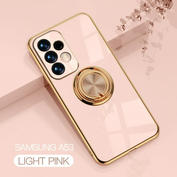 Feishell Case For Samsung Galaxy A53 5G, Slim Protective 360 Degree Rotation Ring Holder Kickstand Plating Soft Silicone TPU Edge Anti-Scratch Cover Work with Magnetic Car Mount, Light Pink