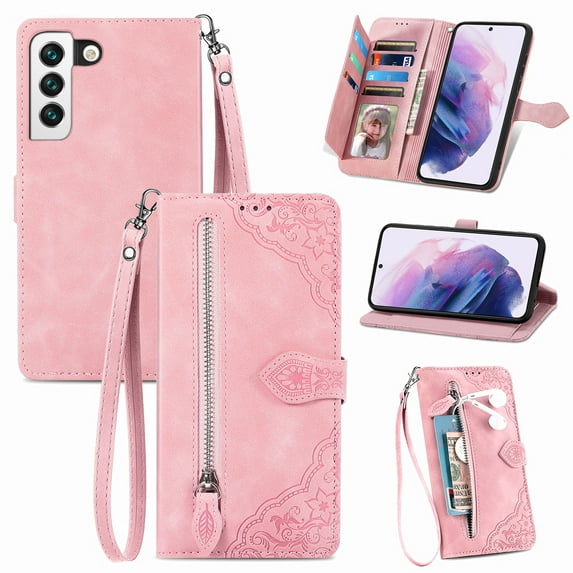 Feishell Case for Samsung Galaxy S22, Embossed Card Slots Retro Leather Wallet Shockproof Flip Cover with Hand Strap Card Slots Zipper Pocket Kickstand Handbag Magnetic Closure, Pink