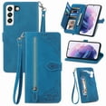 thumbnail image 1 of Feishell Case for Samsung Galaxy S22, Embossed Card Slots Retro Leather Wallet Shockproof Flip Cover with Hand Strap Card Slots Zipper Pocket Kickstand Handbag Magnetic Closure, Blue, 1 of 10