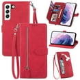 thumbnail image 1 of Feishell Case for Samsung Galaxy S22 Plus, Embossed Card Slots Retro Leather Wallet Shockproof Flip Cover with Hand Strap Card Slots Zipper Pocket Kickstand Handbag Magnetic Closure, Red, 1 of 12