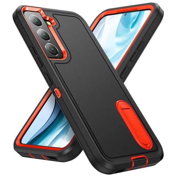 Feishell Case for Samsung Galaxy S23 6.1 inch,Heavy Duty 3 Layer Military Protection with Hidden Kickstand Shock Resistant Armor Hybrid Bumper Rugged Rubber Phone Cover,Black+Orange