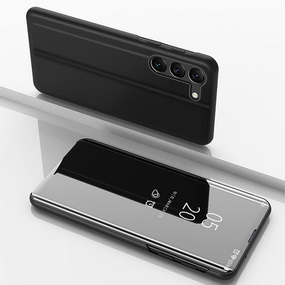 Feishell Case for Samsung Galaxy S23 (6.1 inch) Stylish Smart View Window Mirror Case Plating PC Folio Flip Stand Phone Cover PU Leather Anti-Scratch Ultra Slim Protective Case,Black