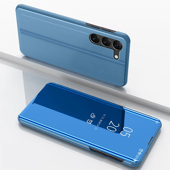 Feishell Case for Samsung Galaxy S23 Plus (6.6 inch) Stylish Smart View Window Mirror Case Plating PC Folio Flip Stand Phone Cover PU Leather Anti-Scratch Ultra Slim Protective Case,Skyblue