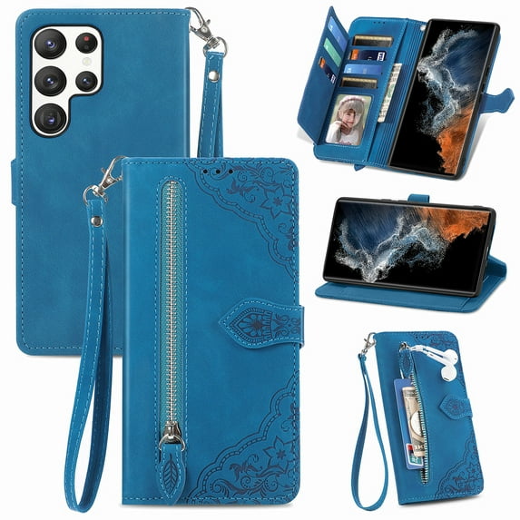 Feishell Case For Samsung Galaxy S23 Ultra, Embossed Card Slots Retro Leather Wallet Shockproof Flip Cover with Hand Strap Card Slots Zipper Pocket Kickstand Handbag Magnetic Closure, Blue