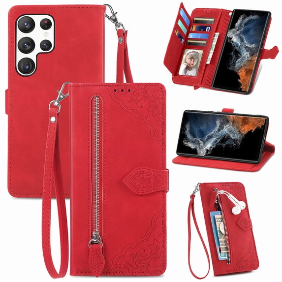 Feishell Case For Samsung Galaxy S23 Ultra, Embossed Card Slots Retro Leather Wallet Shockproof Flip Cover with Hand Strap Card Slots Zipper Pocket Kickstand Handbag Magnetic Closure, Red