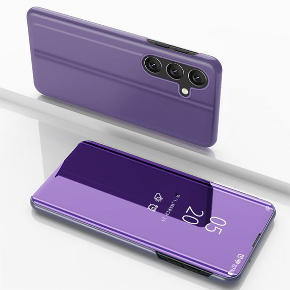 Feishell Case for Samsung Galaxy S24 FE Stylish Smart Clear View Window Mirror Case Plating PC Folio Flip Kickstand Phone Cover PU Leather Anti-Scratch Ultra Slim Protective Case,Purple