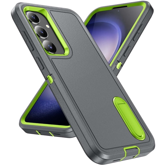Feishell Case for Samsung Galaxy S24 Plus,Heavy Duty 3 Layer Military Protection with Hidden Kickstand Shock Resistant Armor Hybrid Bumper Rugged Rubber Phone Cover,Gray+Green