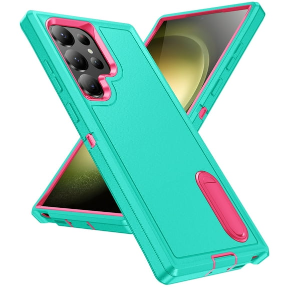 Feishell Case for Samsung Galaxy S24 Ultra,Heavy Duty 3 Layer Military Protection with Hidden Kickstand Shock Resistant Armor Hybrid Bumper Rugged Rubber Phone Cover,Mint+Rose