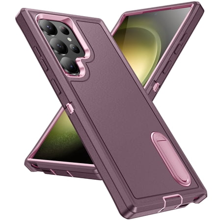 Feishell Case for Samsung Galaxy S24 Ultra,Heavy Duty 3 Layer Military Protection with Hidden Kickstand Shock Resistant Armor Hybrid Bumper Rugged Rubber Phone Cover,Purple+Pink