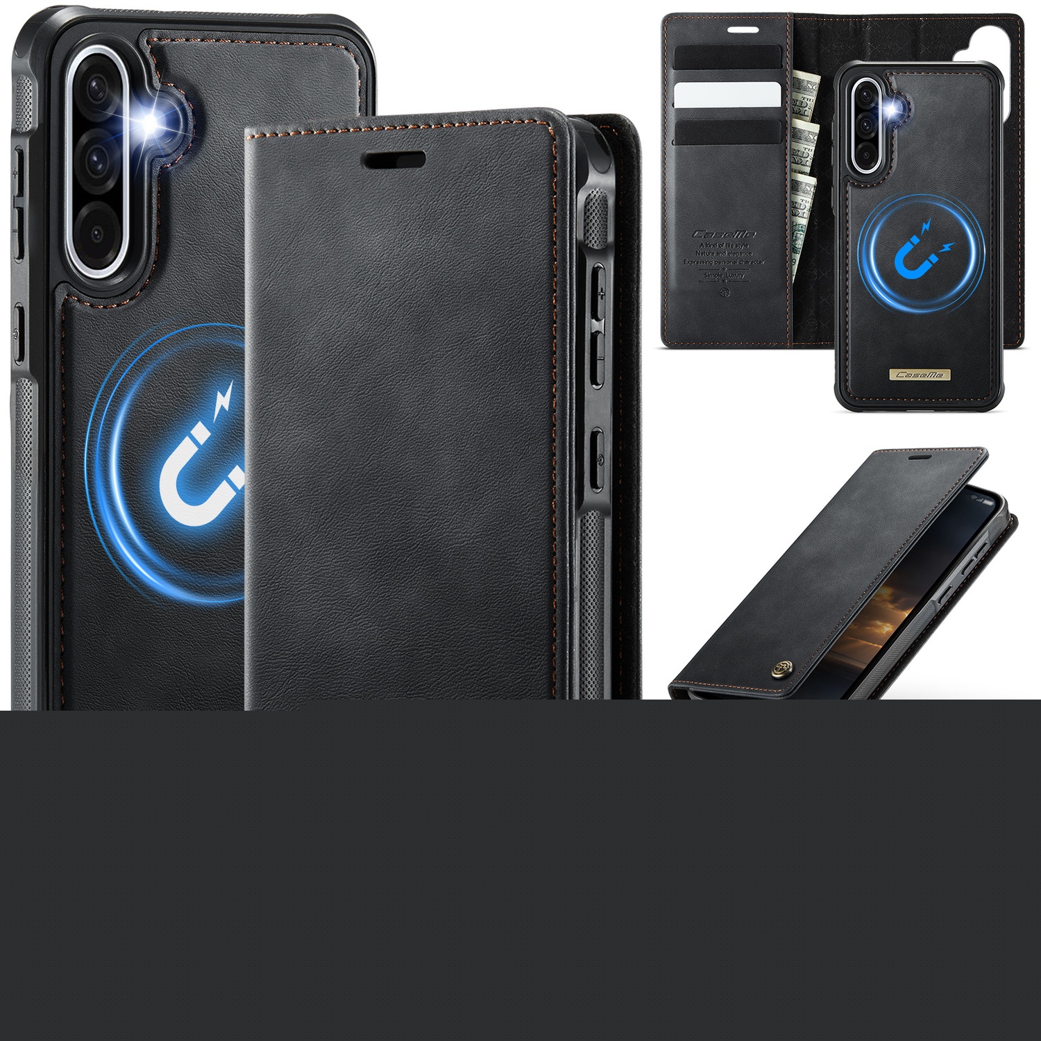 Feishell Case for For Samsung Galaxy S25 Plus,Detachable 2 in 1 Strong Magnetic Cash Wallet Case with Card Holder,Flip Kickstand RFID Blocking Shockproof Protective Folio PU Leather Cover,Black