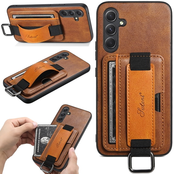 Feishell Case for Samsung Galaxy S25+,Shockproof Retro Premium PU Leather Credit Card Pocket Holder Portable Metal Ring Wristhand Strap Kickstand Anti-Scratch Slim Phone Case,Brown
