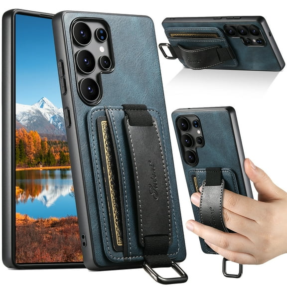 Feishell Case for Samsung Galaxy S25 Ultra,Shockproof Retro Premium PU Leather Credit Card Pocket Holder Portable Metal Ring Wristhand Strap Kickstand Anti-Scratch Slim Phone Case,Blue