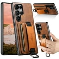 thumbnail image 1 of Feishell Case for Samsung Galaxy S25 Ultra,Shockproof Retro Premium PU Leather Credit Card Pocket Holder Portable Metal Ring Wristhand Strap Kickstand Anti-Scratch Slim Phone Case,Brown, 1 of 9