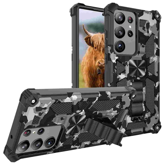 Feishell Case for Samsung Galaxy S26 Ultra,Shockproof Hybrid Durable Double Layers Protection PC + TPU Kickstand Support Magnetic Car Mount Stylish Camouflage Phone Case,Black