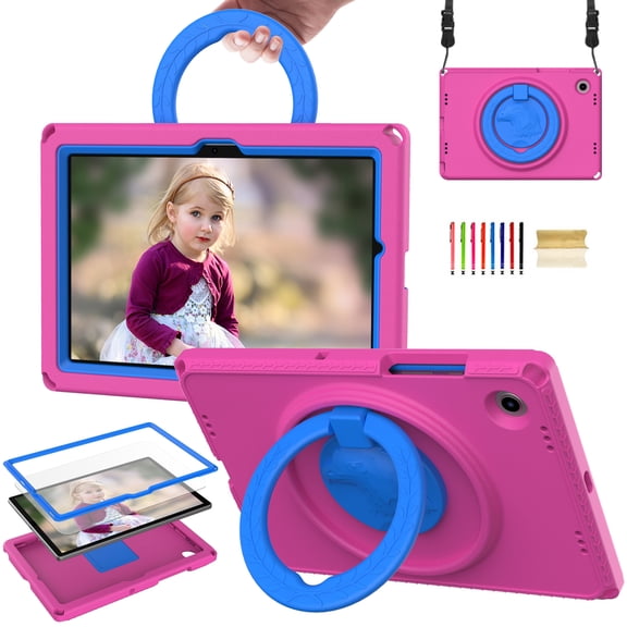 Feishell Case for Samsung Galaxy Tab A8 10.5"(SM-X200/X205/X207) with Built-in Screen Protector,Shockproof Rugged 360 Rotatable Folding Handle Kickstand Kids EVA Case Cover with Shoulder Strap,Rose