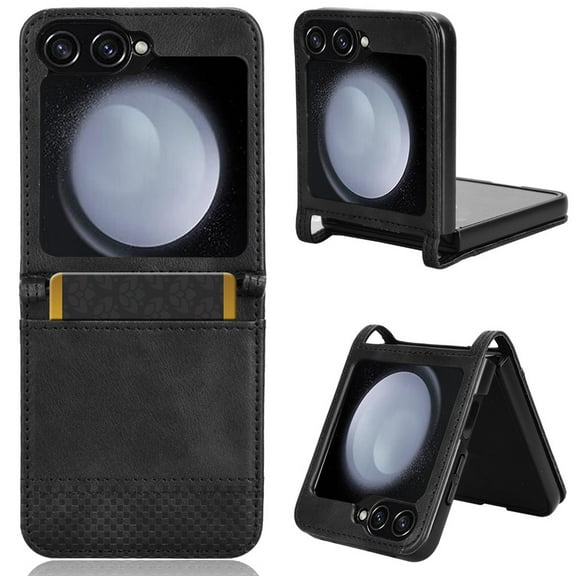 Feishell Case for Samsung Galaxy Z Flip 6 Retro Texture Premium PU Leather with Credit Card Holder Pocket Slim Fit for Women Men Protective Phone Case,Black