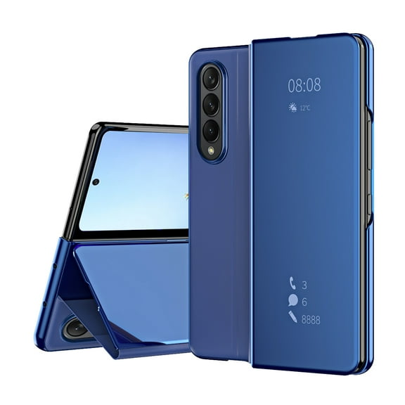 Feishell Case for Samsung Galaxy Z Fold4 (7.6 inch) Stylish Smart View Window Mirror Case Plating PC Folio Flip Stand Phone Cover PU Leather Anti-Scratch Ultra Slim Protective Case,Skyblue