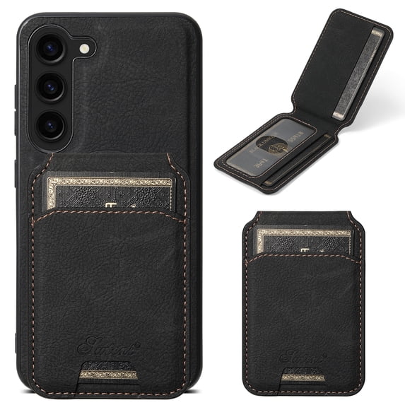 Feishell Case forSamsung Galaxy S25 Plus with Detachable Card Holder, PU Leather Wallet Case with Flip Kickstand, Shockproof Magnetic Cover Compatible with MagSafe Car Mount Holder, Black