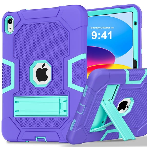 Feishell Case for iPad 10th Generation 10.9" 2022,Built-in with Kickstand,Three Layers Hybrid Heavy Duty Shockproof Rugged Impact Resistant Drop Protection Case Cover,Purple+Mint