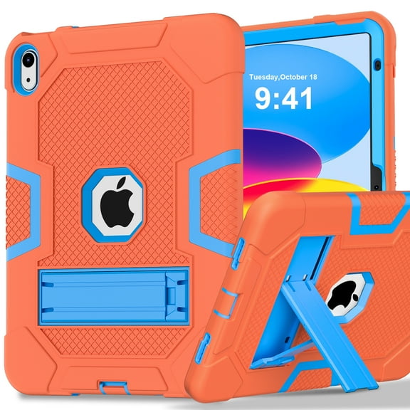Feishell Case for iPad 10th Generation 10.9" 2022,Built-in with Kickstand,Three Layers Hybrid Heavy Duty Shockproof Rugged Impact Resistant Drop Protection Case Cover,Orange+Blue