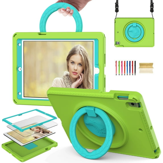 Feishell Case for iPad 9th/8th/7th Gen 10.2 inch 2021/2020/2019 with Screen Protector,Shockproof Rugged 360 Rotatable Folding Handle Kickstand Kids Friendly EVA Case Cover with Shoulder Strap,Green