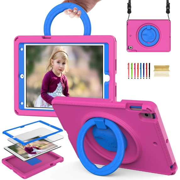 Feishell Case for iPad 9th/8th/7th Gen 10.2 inch 2021/2020/2019 with Screen Protector,Shockproof Rugged 360 Rotatable Folding Handle Kickstand Kids Friendly EVA Case Cover with Shoulder Strap,Rose