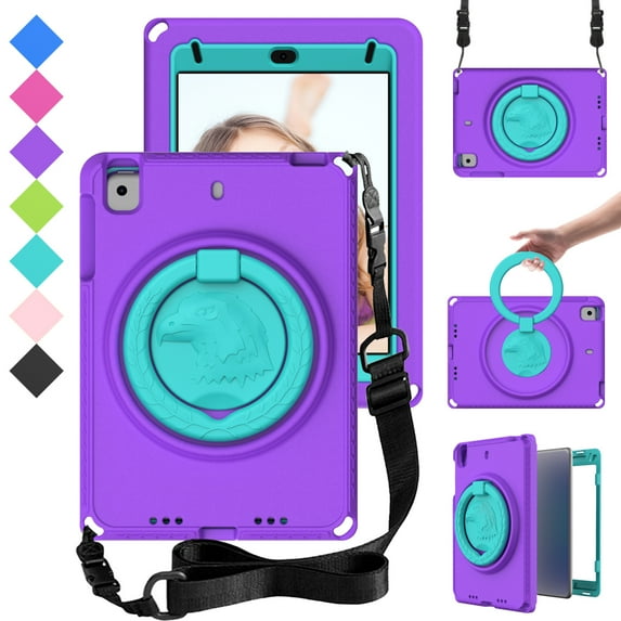 Feishell Case for iPad Mini 1/2/3/4/5 7.9 Inch with Built-in Screen Protector,Shockproof Rugged 360 Rotatable Folding Handle Kickstand Kids Friendly EVA Case Cover with Shoulder Strap,Purple