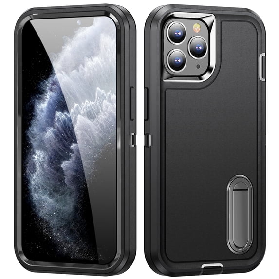 Feishell Case for iPhone 11 Pro Max 6.5 inch,Heavy Duty 3 Layer Military Protection with Hidden Kickstand Shock Resistant Armor Hybrid Bumper Rugged Rubber Phone Cover,Black+Black