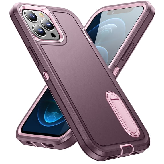 Feishell Case for iPhone 12/12 Pro 6.1 inch,Heavy Duty 3 Layer Military Protection with Hidden Kickstand Shock Resistant Armor Hybrid Bumper Rugged Rubber Phone Cover,Purple+Pink
