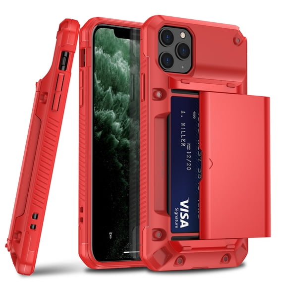 Feishell Case for iPhone 12 Pro Max Case Wallet Credit Card Holder ID Slot Sliding Door Hidden Pocket Men Women Anti-Scratch Dual Layer Hybrid Bumper Armor Protective Hard Shell Back Cover, Red
