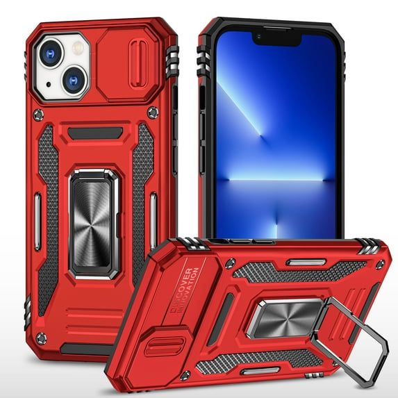 Feishell Case for iPhone 13 Mini Camera Lens Slide Protection Cover with Ring Holder Kickstand, Armor Heavy Duty Military Grade Shockproof PC Rugged Bumper for iPhone 13 Mini,
Red